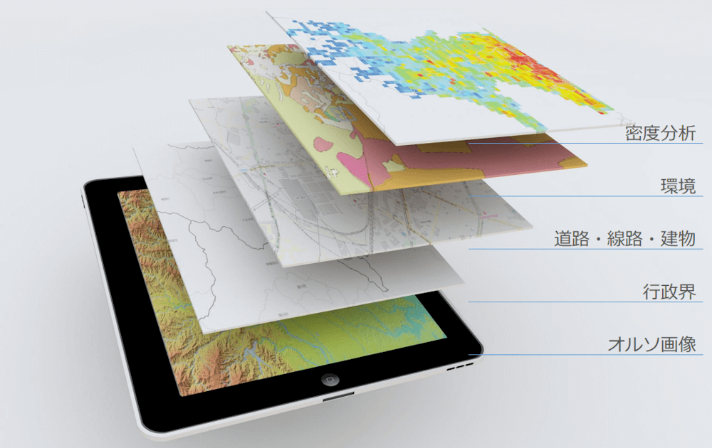 GISで背景地図の上に情報を重ねた例
