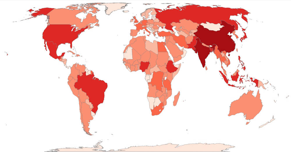 世界地図をSISで読み込み、人口で色分けをしてイコールアース図法で表示した例